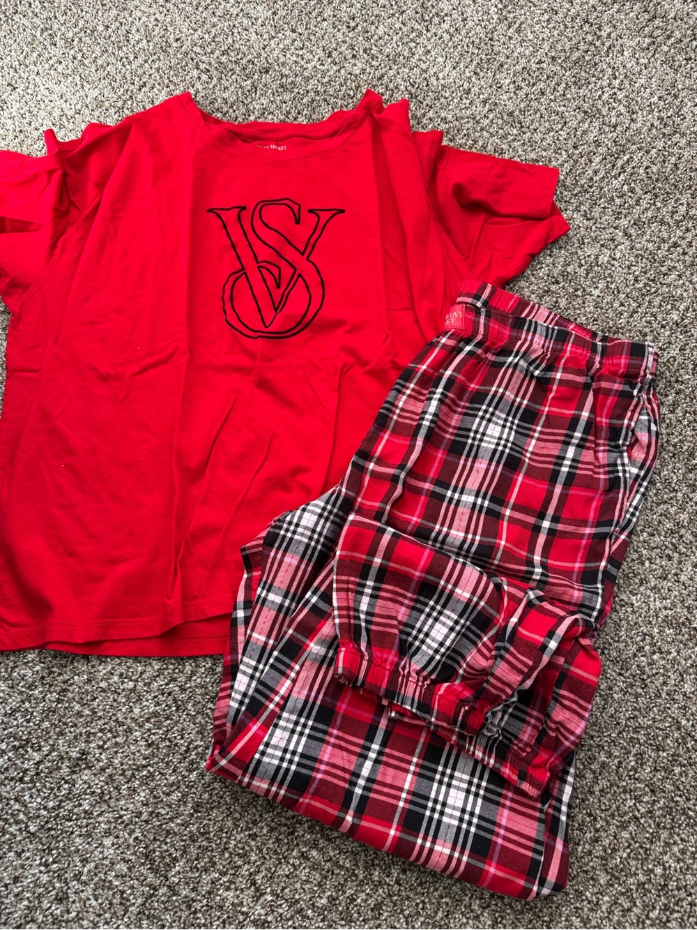 Victoria's Secret Red Short Sleeve Top with Red Plaid Pajama Pants